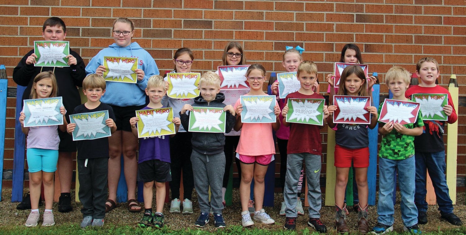 Turkey Run Elementary students received Habit Hero Awards as a part of their Leader in Me program. Habit Hero awards are given to students who set a good example in one of the seven habits. Awards are presented by staff members to students who they believe have excelled in one of the habits. Winners for the month of September are front row, Hunter Stonebraker, Luke Davies, Mack Newnum, Trevor Steffen, Addisyn Plunkett, Caleb Mauntel, Marli Paxton and George Palmer; and back row, Cade Hoover, Alexa Spurr, Emelia Chapman, Paige Rose, Allie Sauter, Kendall Adam and Grant Doty.